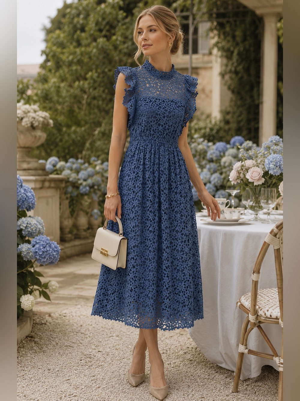 Kate Spade Blue‎ Halter Flutter Sleeve Midi Dress